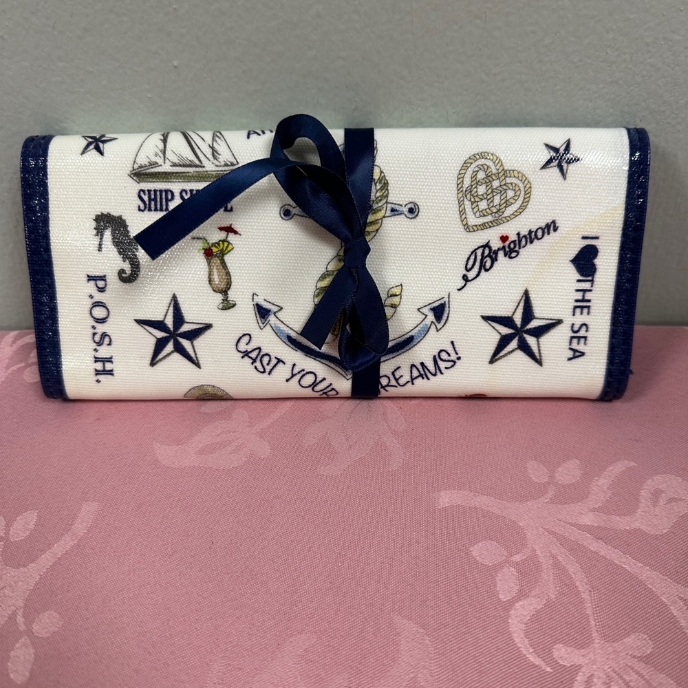Brighton Anchors Aweigh Nautical Jewelry Roll Travel Organizer Navy Blue Velvet